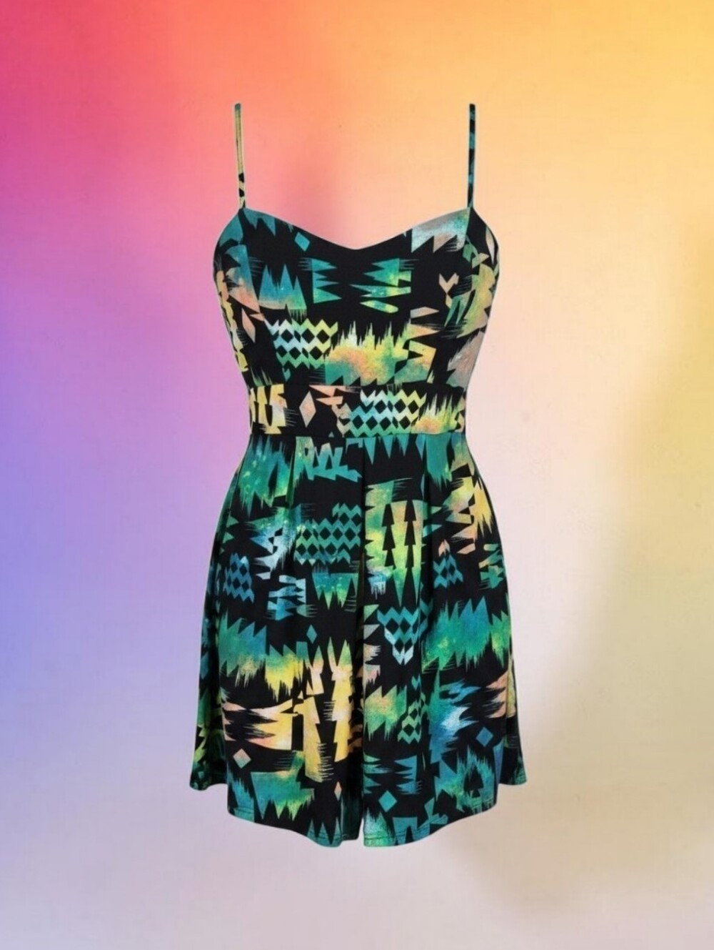 Vintage Y2K Spaghetti Strap Aztec Print Sundress in Black and Teal Green, *S